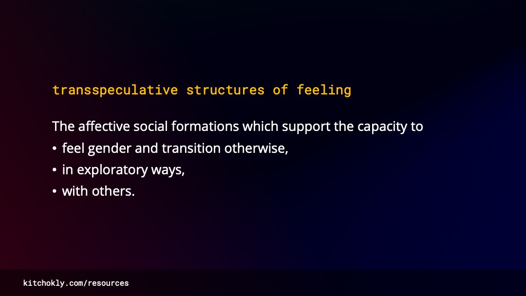 The image grid is replaced by text again. At the top in yellow is the phrase “transspeculative structures of feeling”. Below, slightly smaller and in white, reads “The affective social formations which support the capacity to” followed by thee bullets, “feel gender and transition otherwise,” “in exploratory ways,” “with others.”