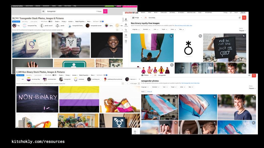 Four screenshots from two different stock image sites, each feature the top search results for “transgender” and “non-binary.” They show a collection of images which include transgender or non-binary symbols, chalkboard signs—one that reads “non-binary,” another which reads “not he not she just me”, non-binary, trans, and a lesbian flag, and two people, one white and one Black.