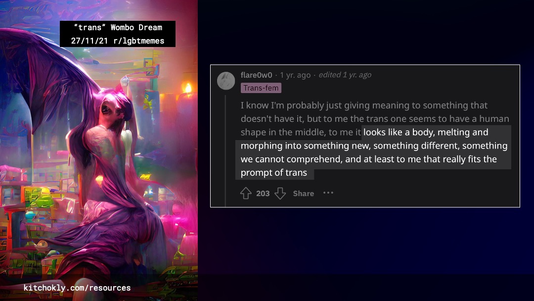 A new machine-generated image appears on the left-hand side. It features a melty magenta figure which may be seated and looking over its shoulder at the viewer. There appears to be some type of large, bat wing-like object coming from behind it. It is “seated” on a series of neon cubes which look like a city on a hill from afar. Over the image is a small text box that reads “‘trans’ Wombo Dream 27/11/21 r/lgbtmemes”. The screenshotted comment on the right has highlighted text which reads “looks like a body, melting and morphing into something new, something different, something we cannot comprehend, and at least to me that really fits the prompt of trans.”