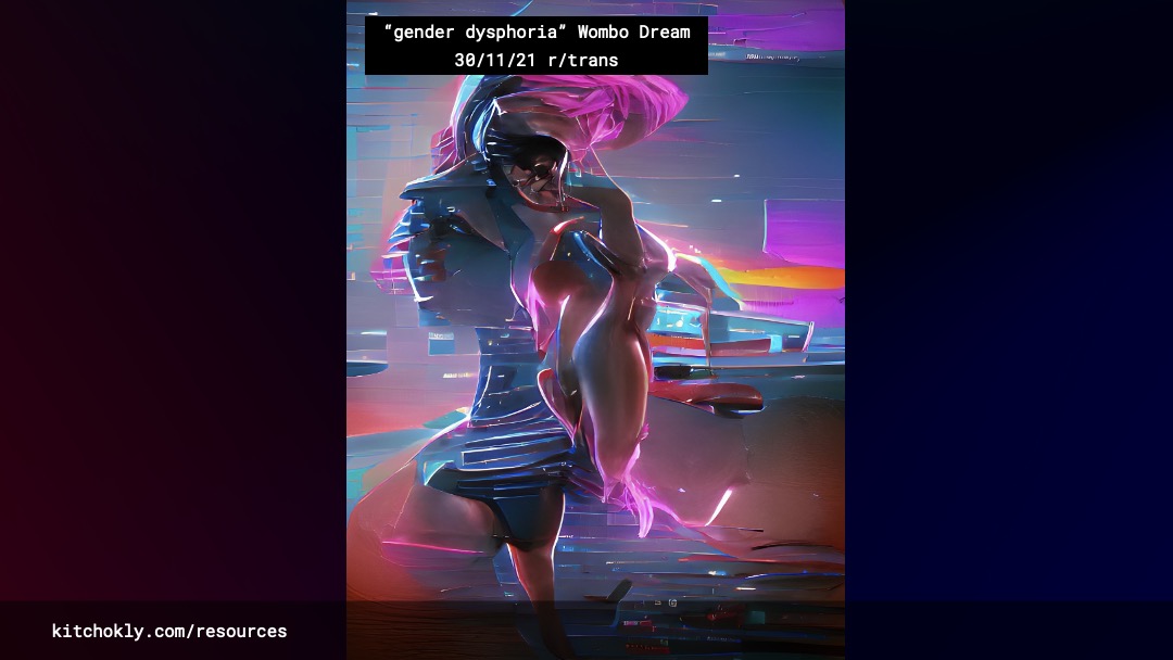 A vertical, AI-generated image which does not resolve into any particular thing. It is made up of a combination of cubist and smooth shapes, with lots of bright pink and dark blues. Over the image is a small text box that reads “‘gender dysphoria’ Wombo Dream 30/11/21 r/trans.” The background gradient remains, as does the footer URL.