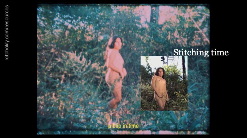 This still includes a similar shot of the figure nude in the garden as the shot featured on slide 16, but this time it is overexposed again. Within this frame is another, smaller frame of the figure in the same locale, now back in high-resolution. The yellow subtitles read "a blip in time." "Stitching time" remains.